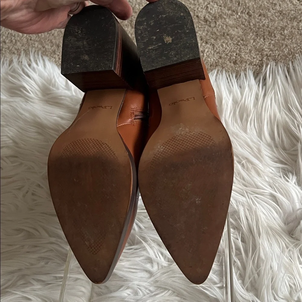 Linea Paolo Block Heel Pointed Toe Cognac Ankle Boots Size 8 1/2